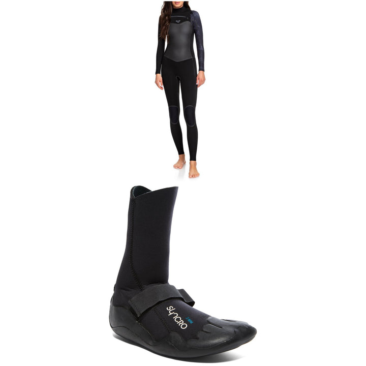 Roxy 4/3 Syncro Chest Zip LFS Wetsuit + Syncro Round Toe 3mm Wetsuit Boots - Women's