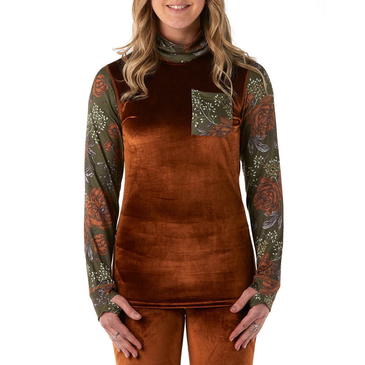 Rojo Outerwear Velvet Funnel Neck Base Layer Top - Women's Enid Floral Military Olive