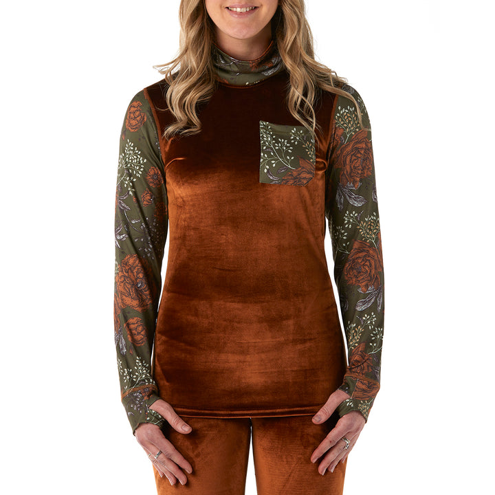 Rojo Outerwear Velvet Funnel Neck Base Layer Top - Women's Enid Floral Military Olive