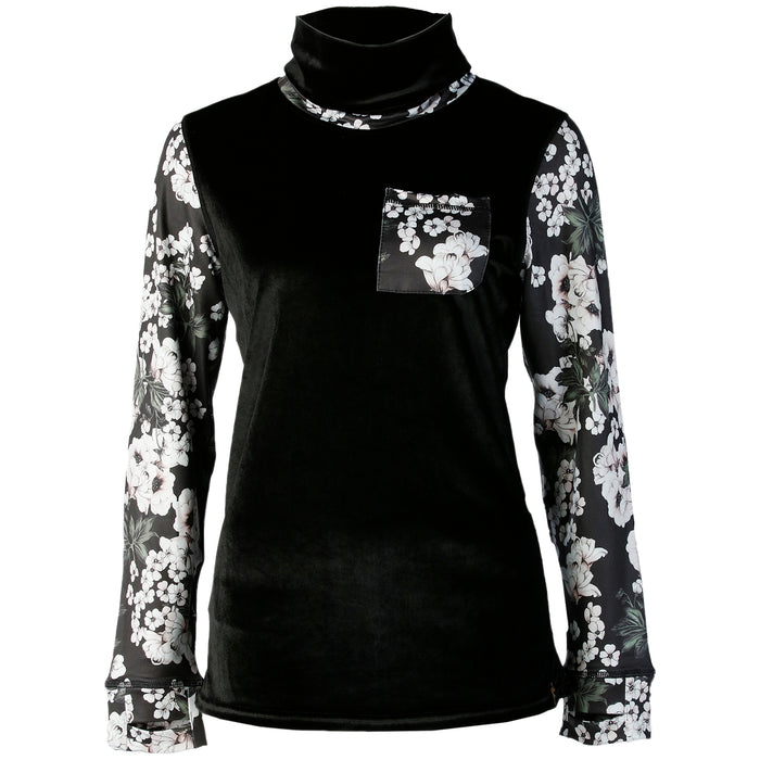 Rojo Outerwear Velvet Funnel Neck Base Layer Top - Women's Neve Floral True Black