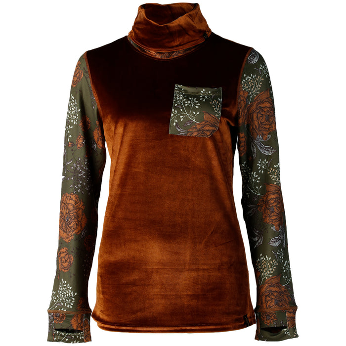 Rojo Outerwear Velvet Funnel Neck Base Layer Top - Women's Enid Floral Military Olive