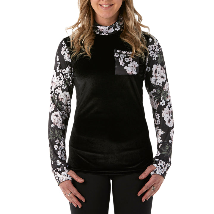 Rojo Outerwear Velvet Funnel Neck Base Layer Top - Women's Neve Floral True Black