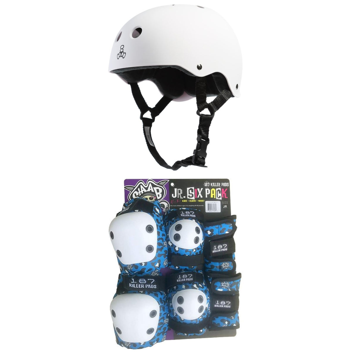 Triple 8 Sweatsaver Liner Skateboard Helmet + 187 Junior Skateboard Pad Set - Kids'