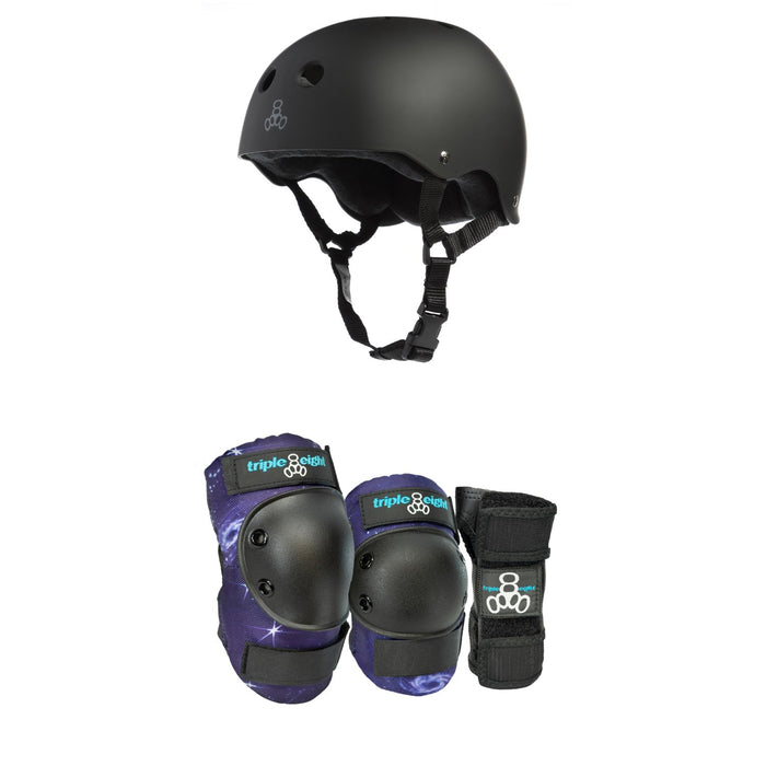 Triple 8 Sweatsaver w/ Liner Skateboard Helmet + Triple 8 Galaxy Skateboard Pad Set