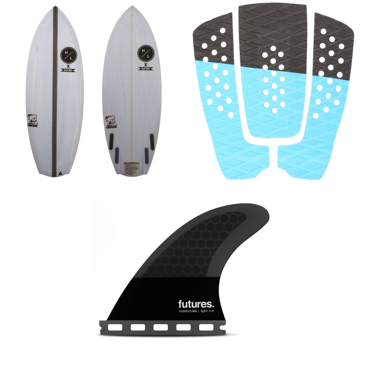 Hyperlite x Superbrand Bucket Chucker Wakesurf Board w/ EVA Traction Pad Kit + Futures Legacy QD2 4.15 Flat Large Quad Fin Pair
