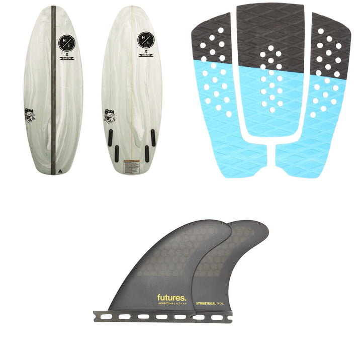 Hyperlite x Superbrand Ocka Wakesurf Board w/ EVA Wakesurf Traction Pad Kit + Futures Honeycomb QD2 4.00 Medium Quad Fin Pair