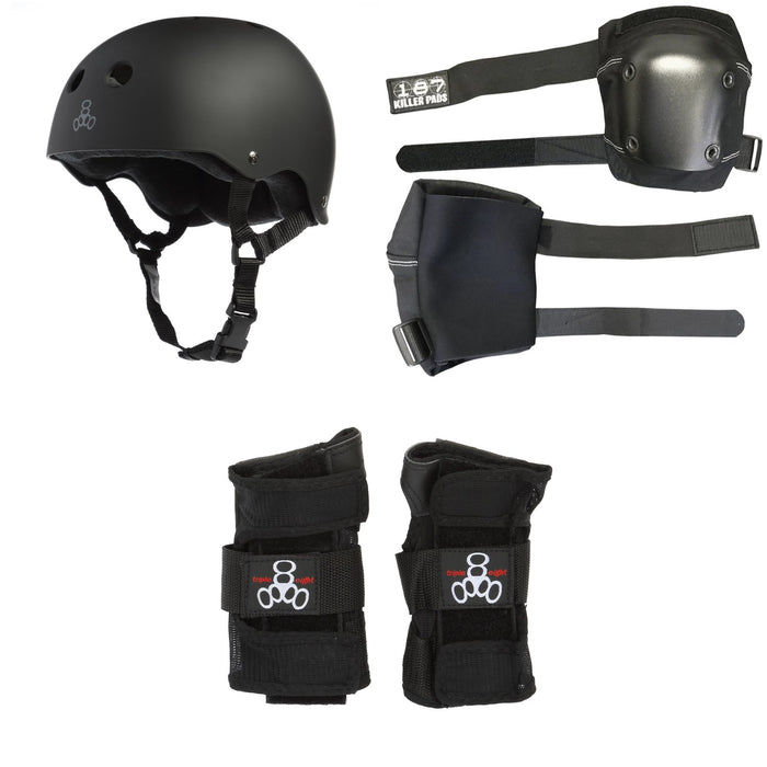 Triple 8 Sweatsaver Liner Skateboard Helmet + 187 Slim Knee Pads + Triple 8 Wristsaver Slide On Wrist Guards