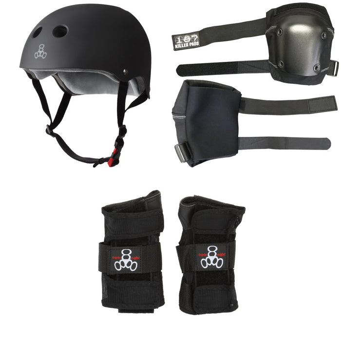 Triple 8 The Certified Sweatsaver Skateboard Helmet + 187 Slim Knee Pads + Triple 8 Wristsaver Slide On Wrist Guards
