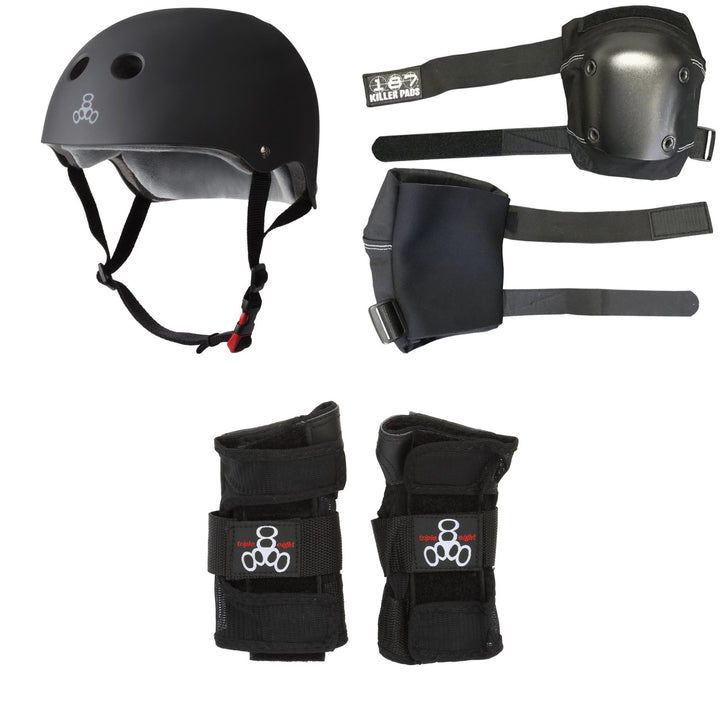 Triple 8 The Certified Sweatsaver Skateboard Helmet + 187 Slim Knee Pads + Triple 8 Wristsaver Slide On Wrist Guards