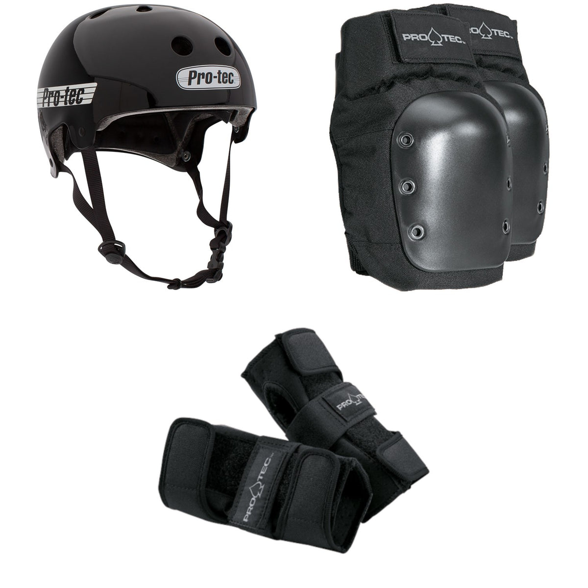 Pro-Tec Old School Certified Skateboard Helmet + Skateboard Knee Pads + Street Skateboard Wrist Pads
