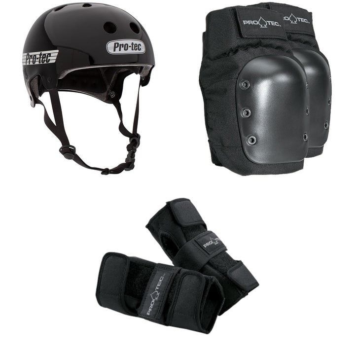 Pro-Tec Old School Certified Skateboard Helmet + Skateboard Knee Pads + Street Skateboard Wrist Pads