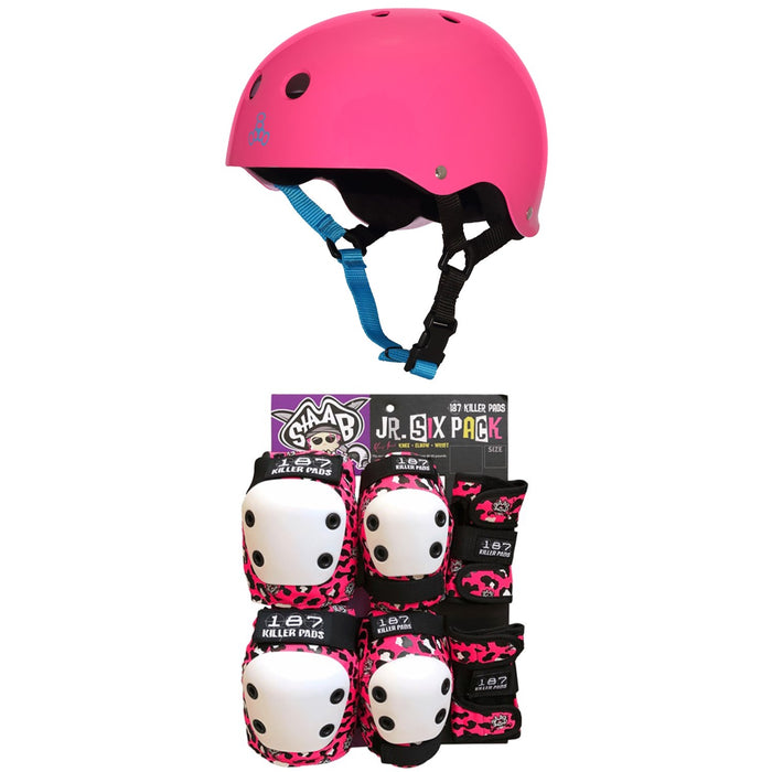 Triple 8 Sweatsaver Liner Skateboard Helmet + 187 Junior Skateboard Pad Set - Kids'