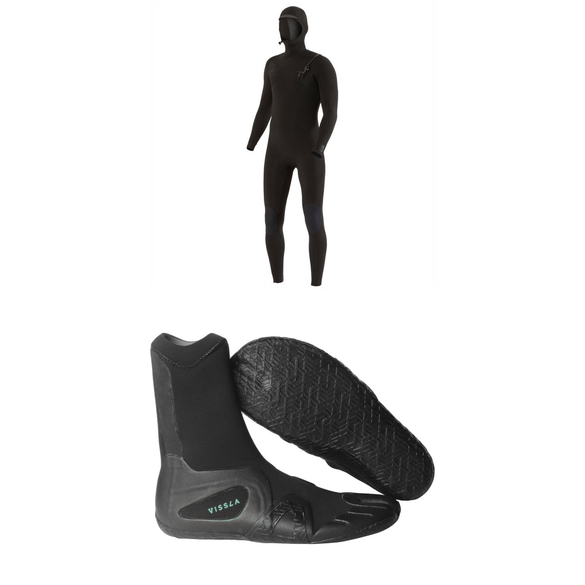 Vissla 7 Seas 4/3 Chest Zip Hooded Wetsuit + 7 Seas 3mm Split Toe Wetsuit Boots