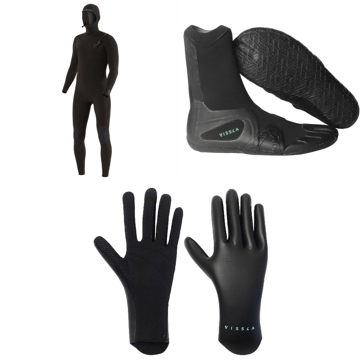 Vissla 7 Seas 4/3 Chest Zip Hooded Wetsuit + 7 Seas 3mm Split Toe Wetsuit Boots + High Seas 1.5mm Wetsuit Gloves