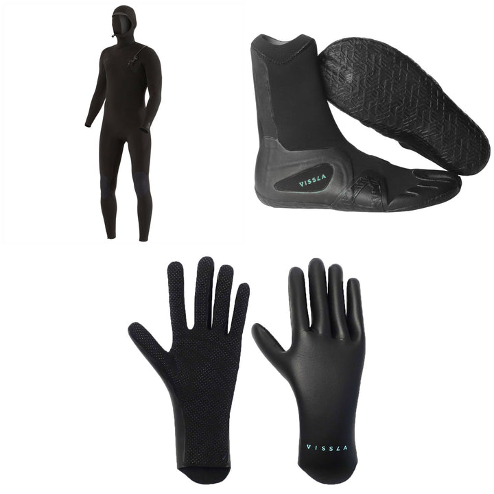Vissla 7 Seas 4/3 Chest Zip Hooded Wetsuit + 7 Seas 3mm Split Toe Wetsuit Boots + High Seas 1.5mm Wetsuit Gloves
