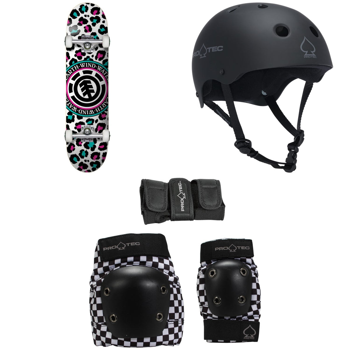 Element Leopard Party 7.7 Skateboard Complete + Pro-Tec The Classic EPS Skateboard Helmet + Pro-Tec Street Gear Junior Skateboard Pads 3-Pack - Big Kids'