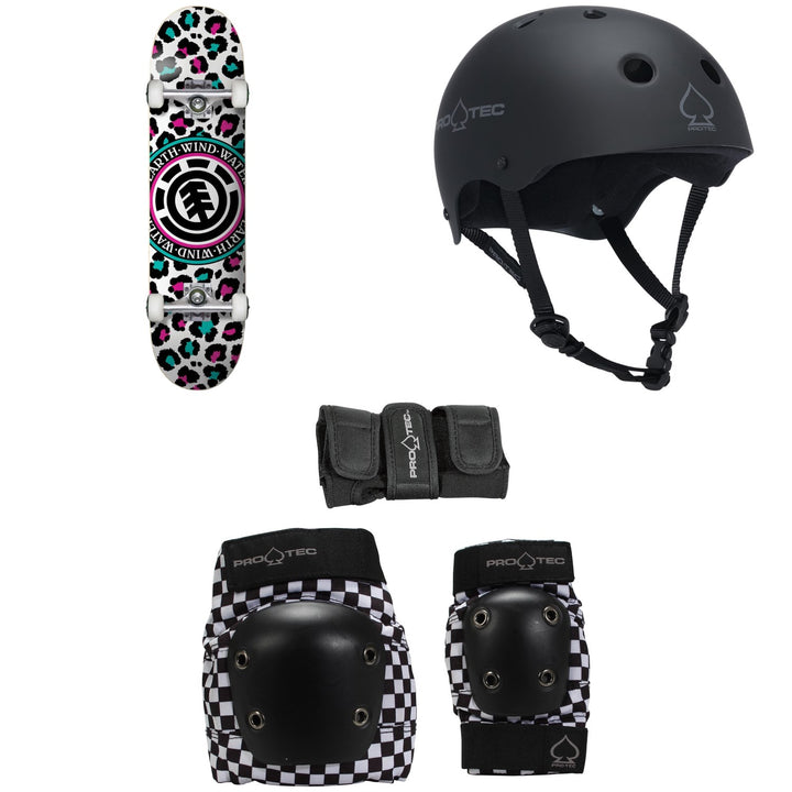 Element Leopard Party 7.7 Skateboard Complete + Pro-Tec The Classic EPS Skateboard Helmet + Pro-Tec Street Gear Junior Skateboard Pads 3-Pack - Big Kids'