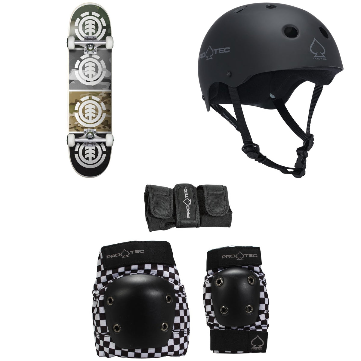 Element Camo Quadrant 7.7 Skateboard Complete + Pro-Tec The Classic EPS Skateboard Helmet + Street Gear Junior Skateboard Pads 3-Pack - Kids'