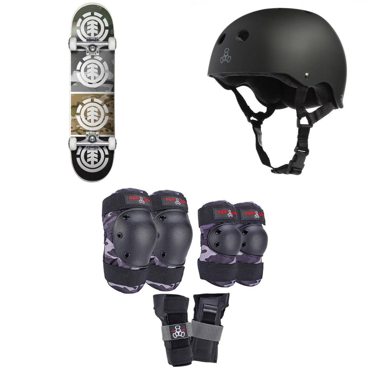 Element Camo Quadrant 7.7 Skateboard Complete + Triple 8 Sweatsaver Liner Skateboard Helmet + Saver Series Color Collection Skateboard Pad Set