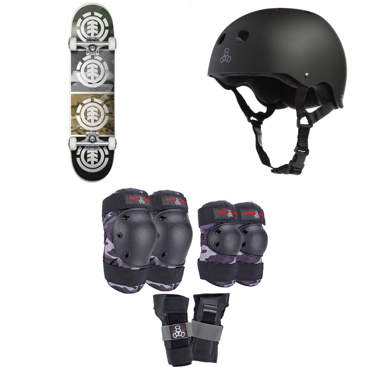 Element Camo Quadrant 7.7 Skateboard Complete + Triple 8 Sweatsaver Liner Skateboard Helmet + Saver Series Color Collection Skateboard Pad Set
