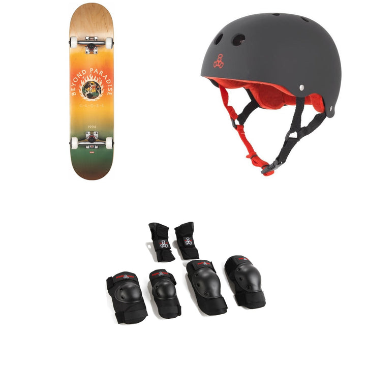 Globe G1 Ablaze 7.75 Skateboard Complete + Triple 8 Sweatsaver Liner Skateboard Helmet + Saver Series High Impact Skateboard Pad Set