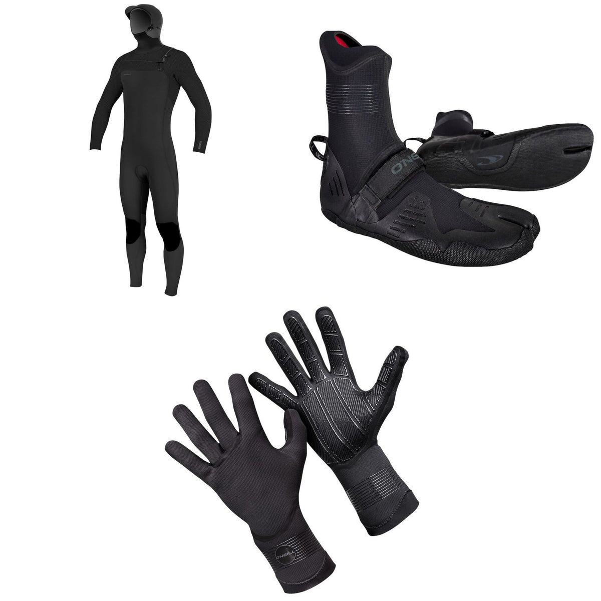 O'Neill 4/3+ Hyperfreak Chest Zip Hooded Wetsuit + 3/2 Psycho Tech Split Toe Wetsuit Boots + 1.5mm Psycho Tech Gloves