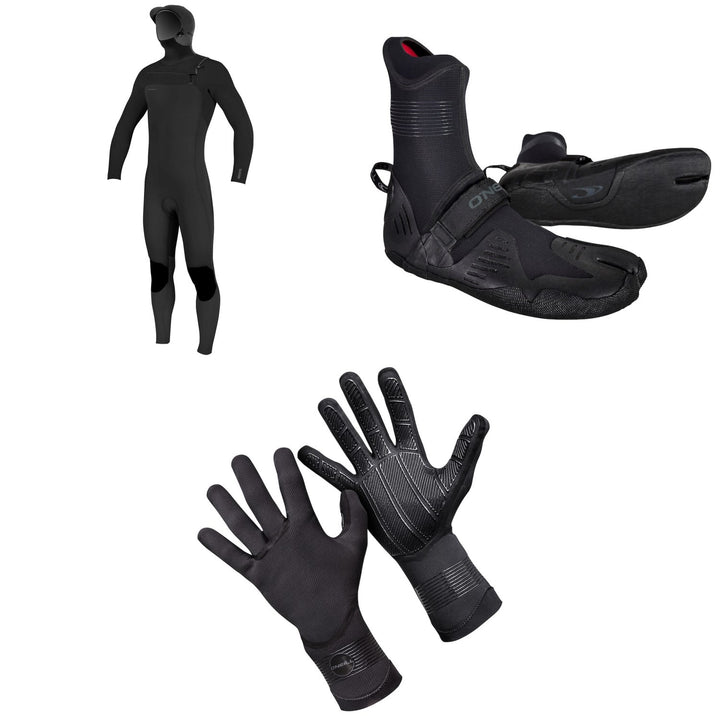 O'Neill 4/3+ Hyperfreak Chest Zip Hooded Wetsuit + 3/2 Psycho Tech Split Toe Wetsuit Boots + 1.5mm Psycho Tech Gloves