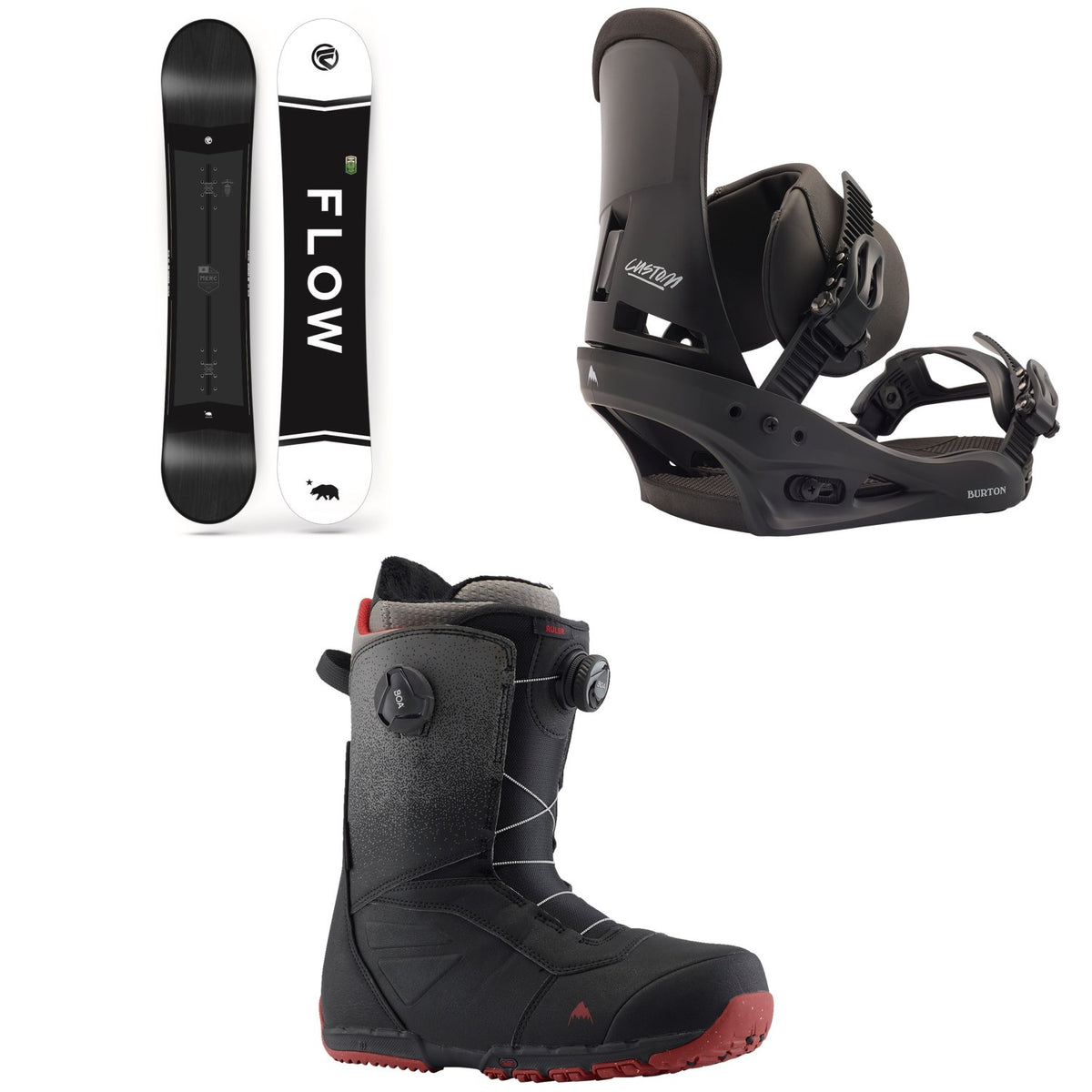 Flow Merc Snowboard 2018 + Burton Custom Snowboard Bindings 2020 + Ruler Boa Snowboard Boots 2019