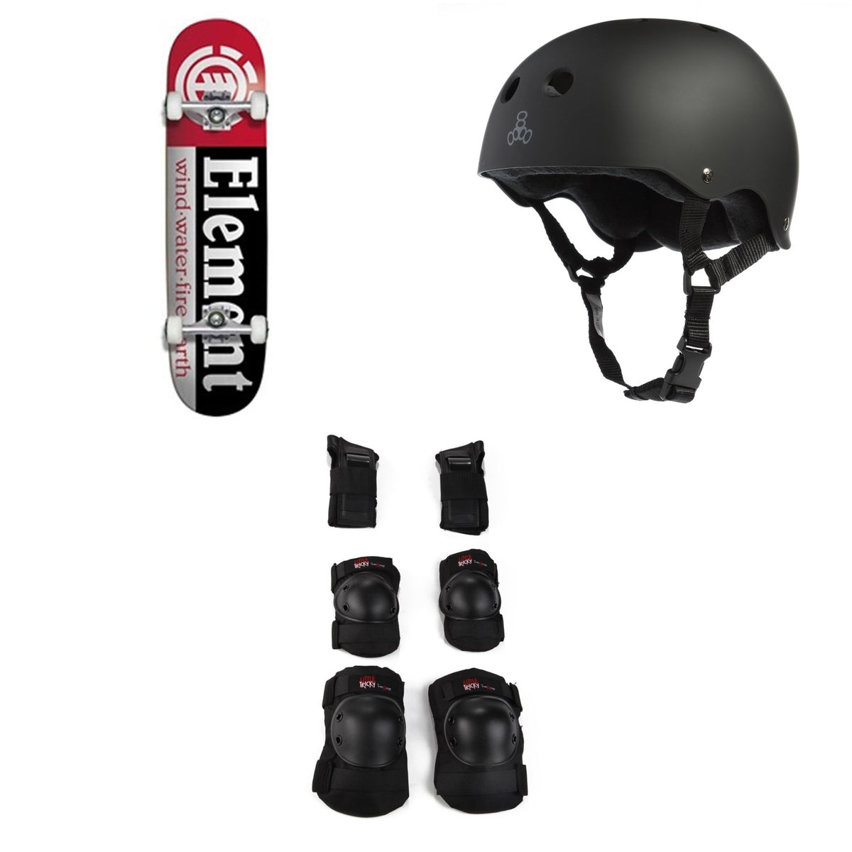 Element Section 7.75 Skateboard Complete + Triple 8 Sweatsaver Liner Skateboard Helmet + Little Tricky Jr. 3 Pack Skateboard Pad Set