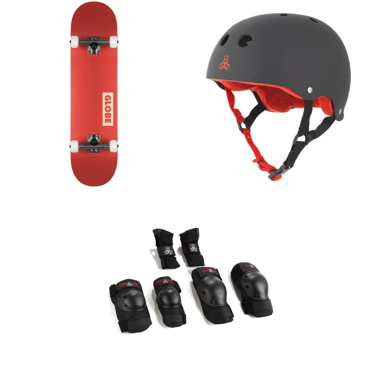 Globe Goodstock Skateboard Complete + Triple 8 Sweatsaver Liner Skateboard Helmet + Saver Series High Impact Jr Pad Set