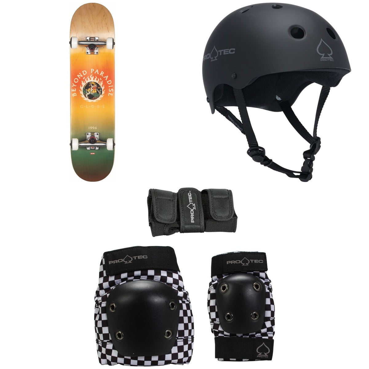 Globe G1 Ablaze 7.75 Skateboard Complete + Pro-Tec The Classic Certified Skateboard Helmet + Pro-Tec Street Gear Junior Skateboard Pads