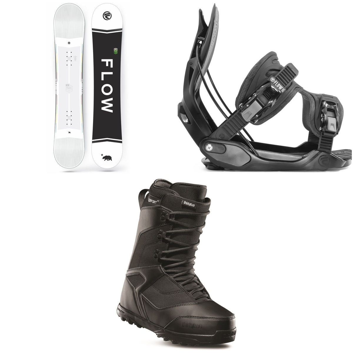 Flow Merc Snowboard 2018 + Alpha Snowboard Bindings 2020 + thirtytwo Prion Snowboard Boots 2019