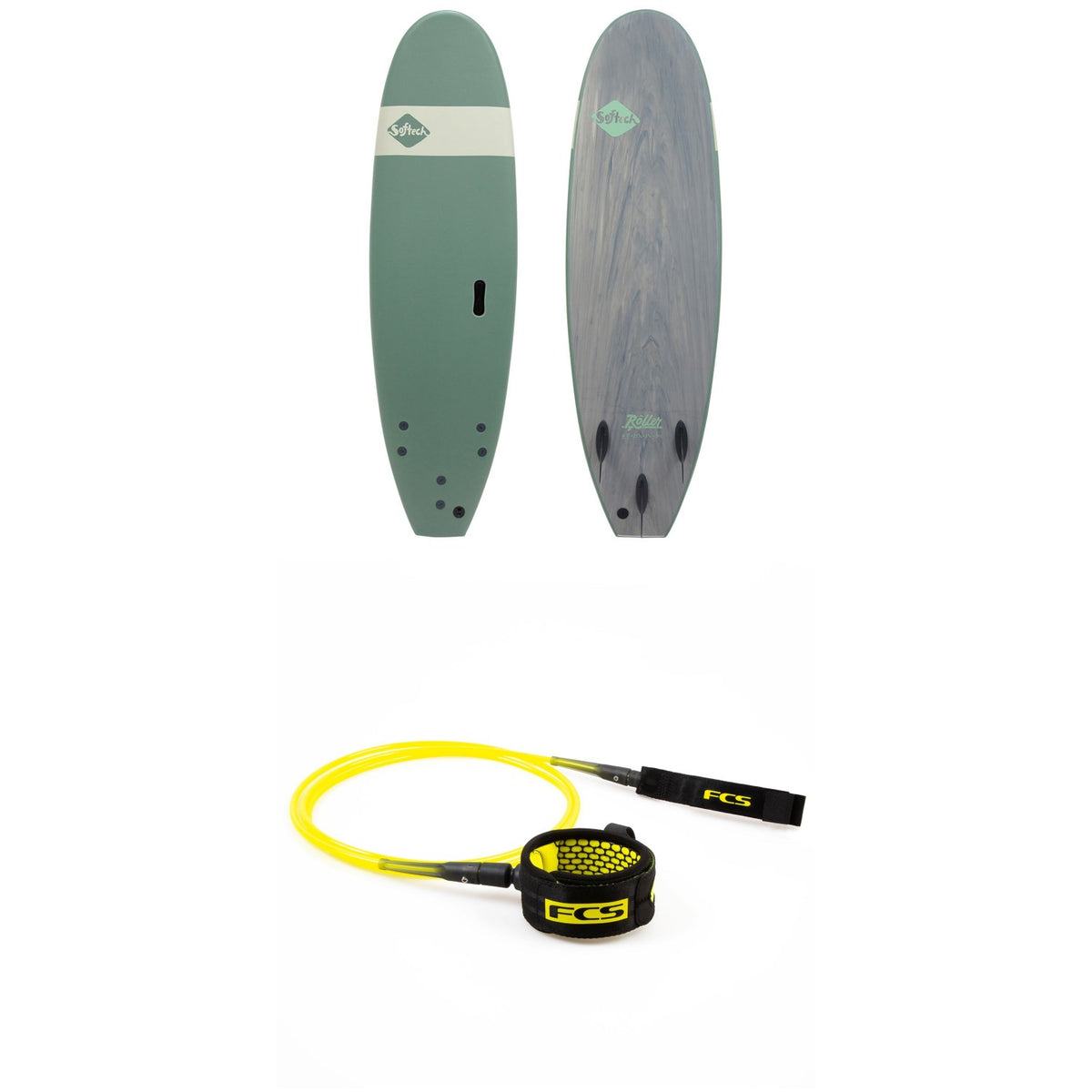 Softech Roller 7'6" Surfboard + FCS 8' All Around Essential Leash