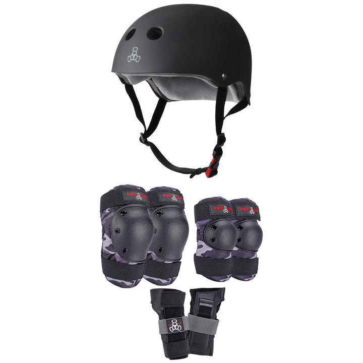 Triple 8 The Certified Sweatsaver Skateboard Helmet + Saver Series Color Collection Skateboard Pad Set