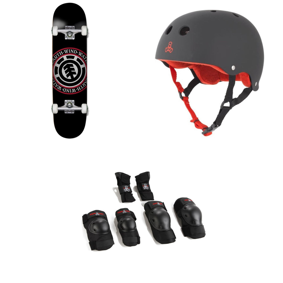 Element Seal 7.75 Skateboard Complete + Triple 8 Sweatsaver Liner Skateboard Helmet + Saver Series High Impact Skateboard Pad Set