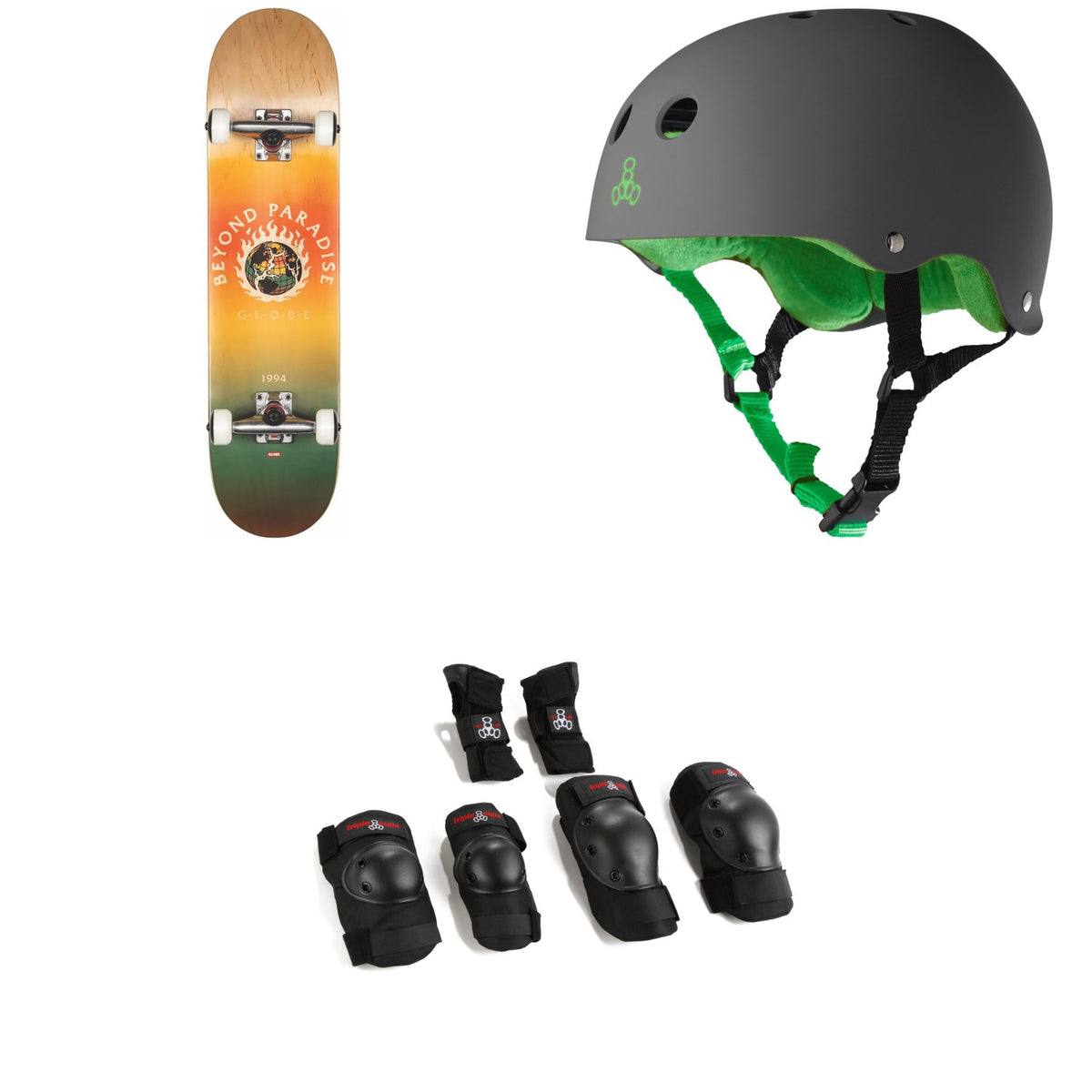 Globe G1 Ablaze 7.75 Skateboard Complete + Triple 8 Sweatsaver Liner Skateboard Helmet + Saver Series High Impact Jr Skateboard Pad Set