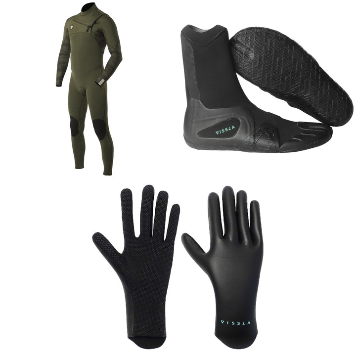 Vissla 7 Seas 4/3 Chest Zip Wetsuit + 7 Seas 3mm Split Toe Wetsuit Boots + 1.5mm High Seas Wetsuit Gloves