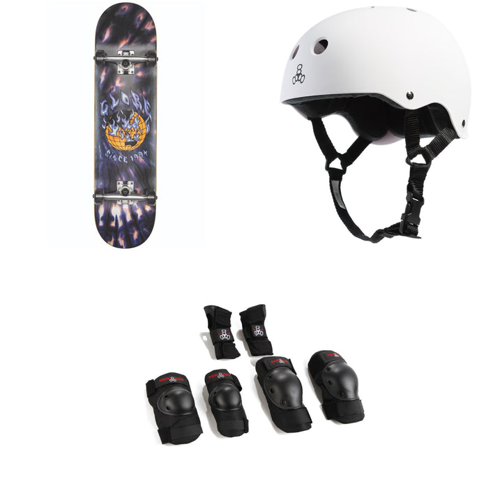 Globe G1 Ablaze 8.0 Skateboard Complete + Triple 8 Sweatsaver Liner Skateboard Helmet + Saver Series High Impact Adult Skateboard Pad Set
