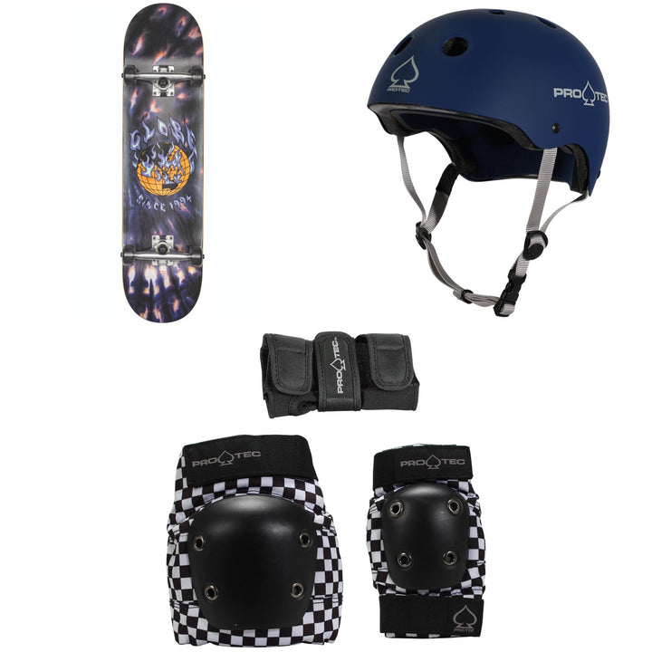 Globe G1 Ablaze 8.0 Skateboard Complete + Pro-Tec The Classic Certified EPS Skateboard Helmet + Street Gear Junior Skateboard Padset