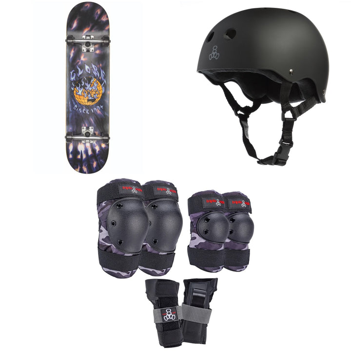 Globe G1 Ablaze 8.0 Skateboard Complete + Triple 8 Sweatsaver Liner Skateboard Helmet + Saver Series Color Collection Skateboard Pad Set