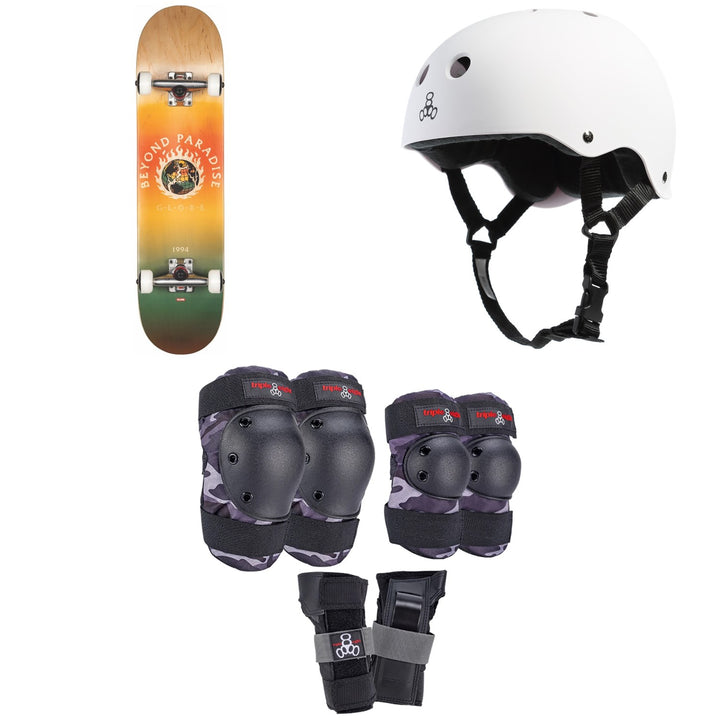Globe G1 Ablaze 7.75 Skateboard Complete + Triple 8 Sweatsaver Liner Skateboard Helmet + Saver Series Color Collection Skateboard Pad Set