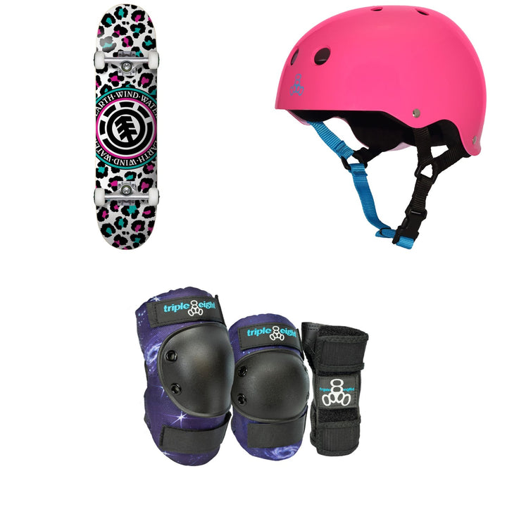 Element Leopard Party 7.7 Skateboard Complete + Triple 8 Sweatsaver Liner Skateboard Helmet + Triple 8 Galaxy Skateboard Pad Set - Kids'