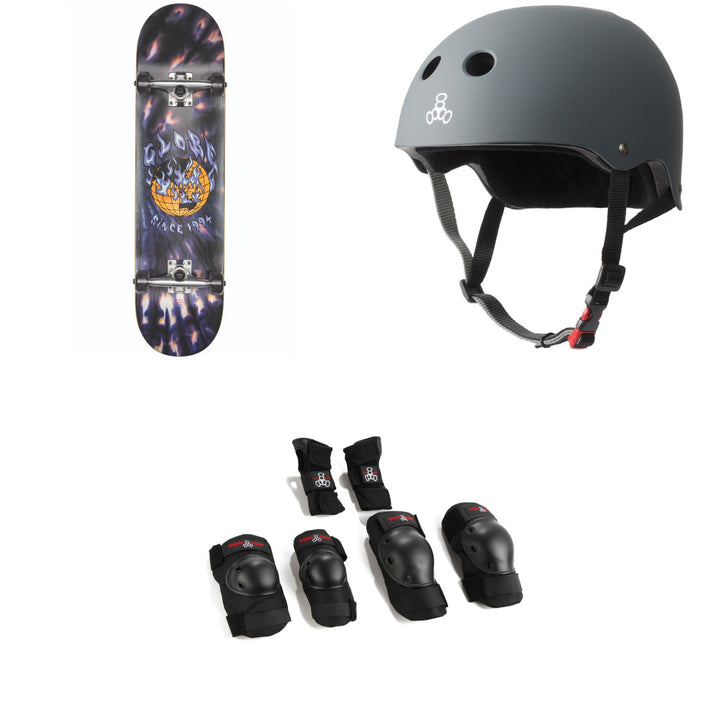 Globe G1 Ablaze 8.0 Skateboard Complete + Triple 8 The Certified Sweatsaver Skateboard Helmet + Saver Series High Impact Adult Skateboard Pad Set