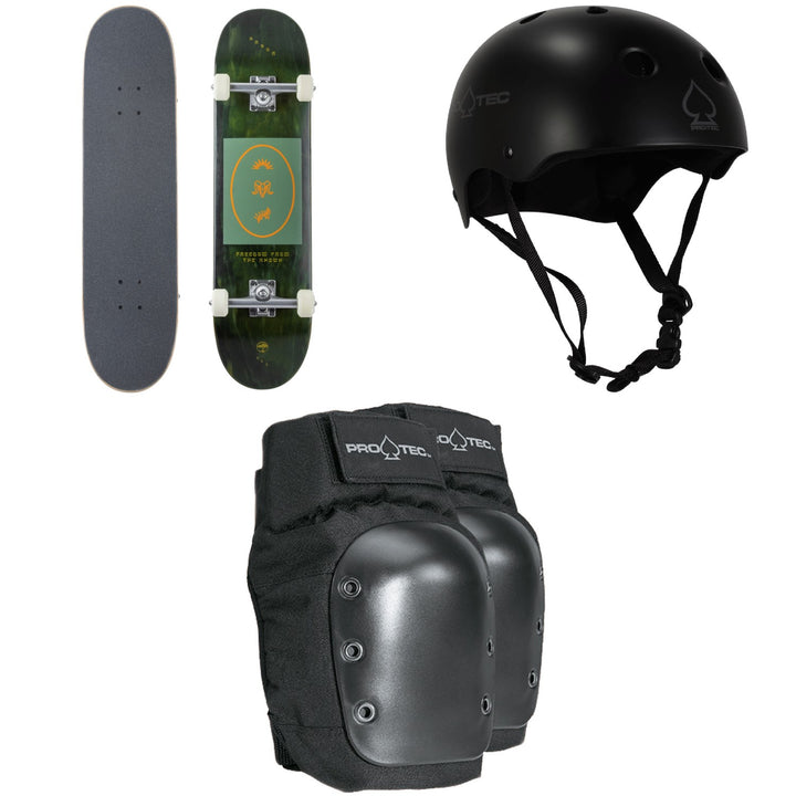 Arbor Whiskey 8.0 Recruit Skateboard Complete + Pro-Tec Classic Skate Skateboard Helmet + Street Skateboard Knee Pads