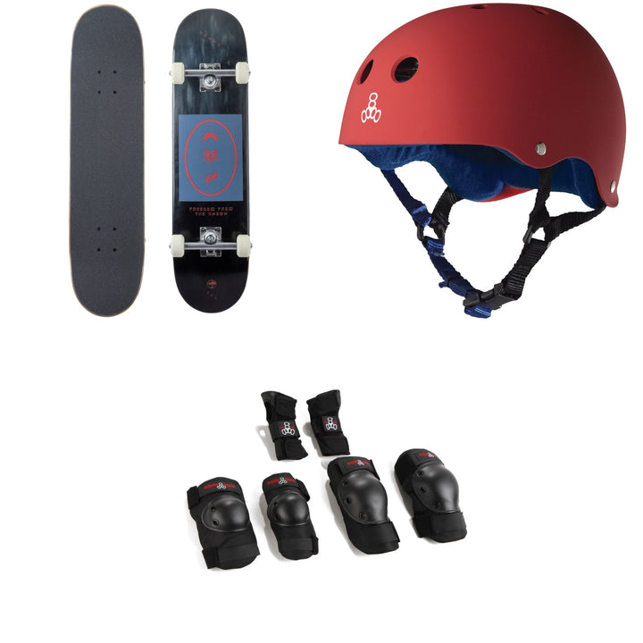 Arbor Whiskey 7.75 Recruit Skateboard Complete + Triple 8 Sweatsaver Liner Skateboard Helmet + Saver Series High Impact Skateboard Pad Set