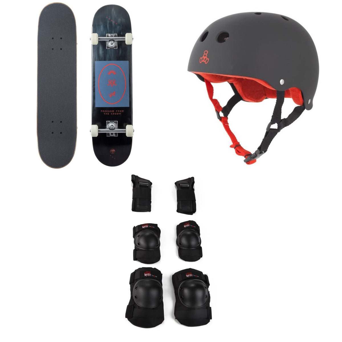 Arbor Whiskey 7.75 Recruit Skateboard Complete + Triple 8 Sweatsaver Liner Skateboard Helmet + Little Tricky Jr. Skateboard Pad Set