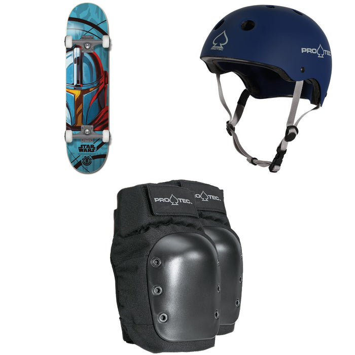 Element Star Wars Mando 8.0 Skateboard Complete + Pro-Tec The Classic Certified EPS Skateboard Helmet + Street Skateboard Knee Pads