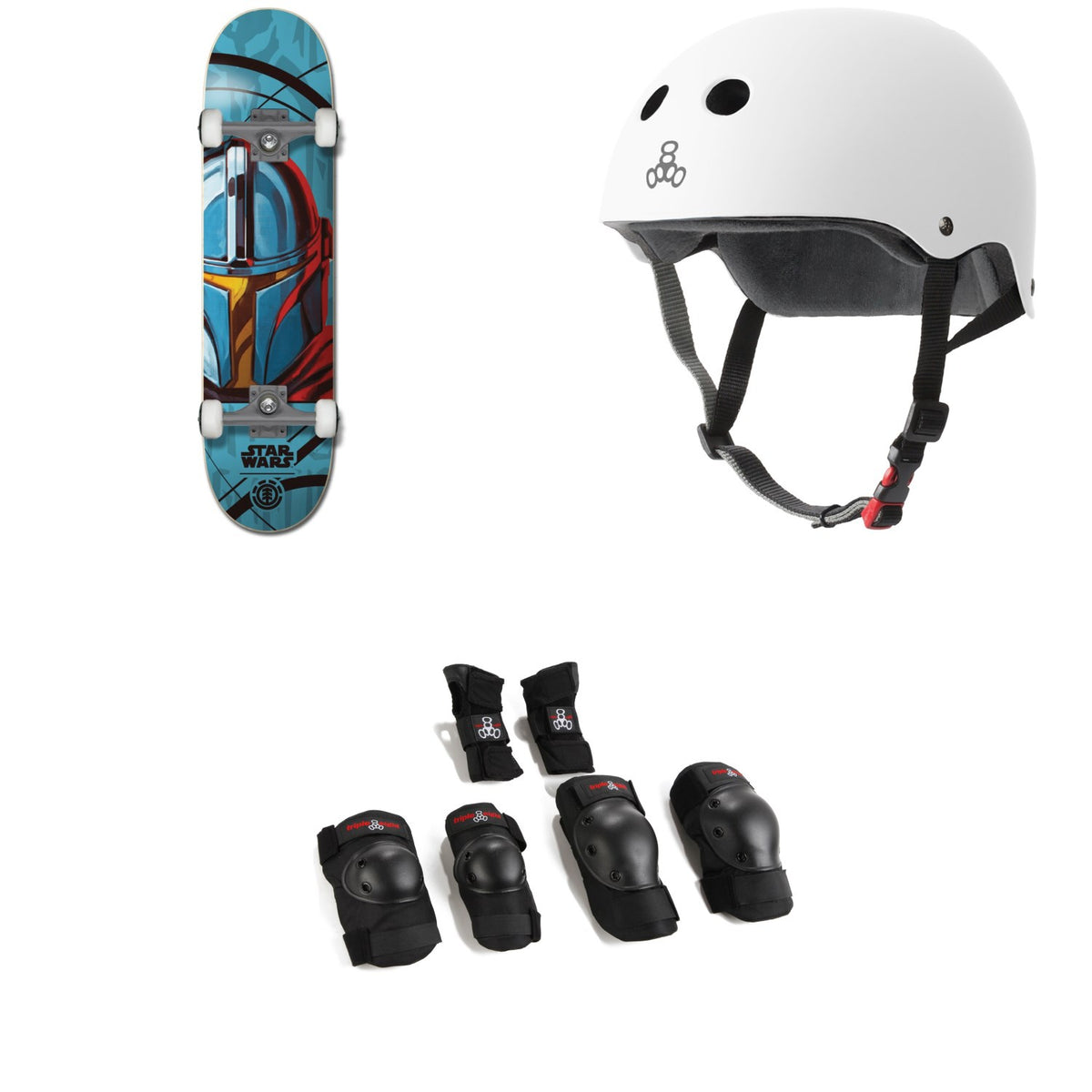 Element Star Wars Mando 8.0 Skateboard Complete + Triple 8 The Certified Sweatsaver Skateboard Helmet + Saver Series High Impact Skateboard Pad Set