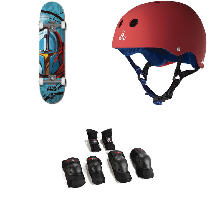 Element Star Wars Mando 7.75 Skateboard Complete + Triple 8 Sweatsaver Liner Skateboard Helmet + Saver Series High Impact Jr Pad Set