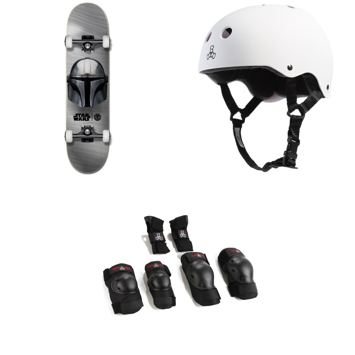 Element Star Wars Beskar 8.0 Skateboard Complete + Triple 8 Sweatsaver Liner Skateboard Helmet + Saver Series High Impact Pad Set